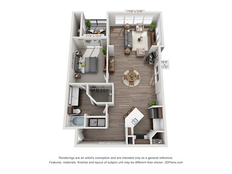 Floor plan for 1 bed, 1 bath, 1034 sqft